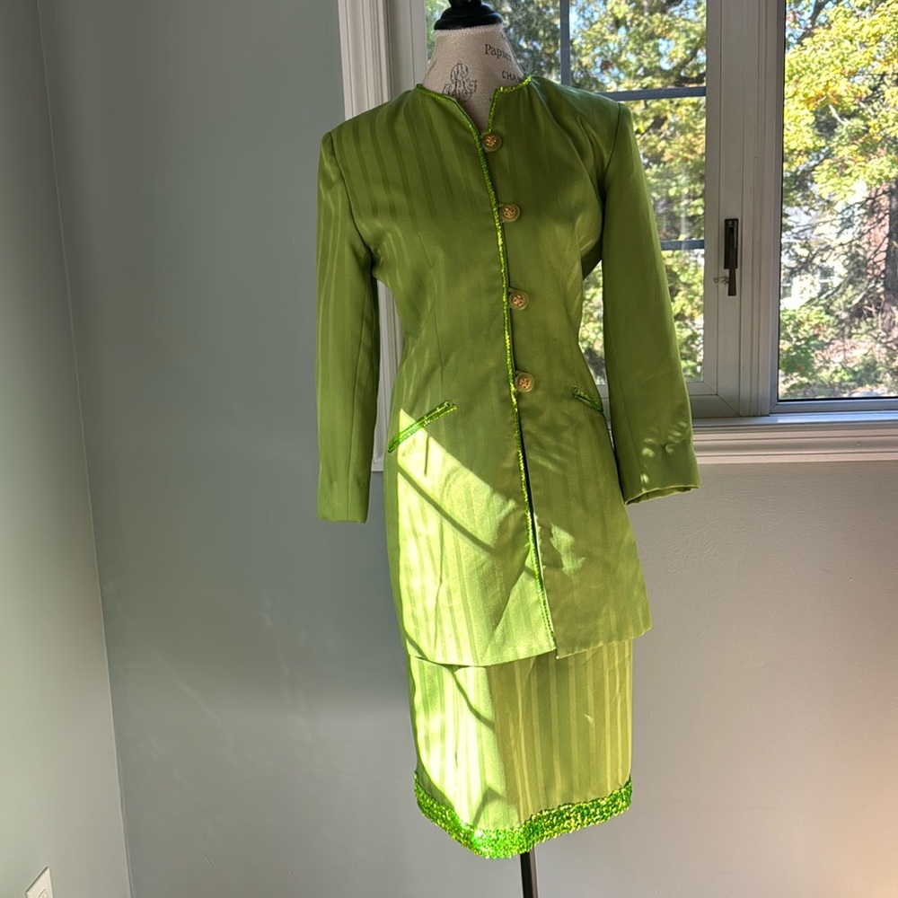 Chad Stevens 80’s vintage neon green striped sequined long jacket & skirt set 8